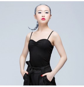 Black v neck sleeveless vest strap women's ladies female with bra pad backless women's ladies sexy fashion female competition performance latin ballroom salsa dance tops blouse